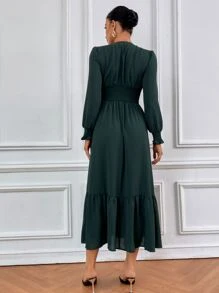 SHEIN Clasi Đầm viền lá sen Xù Viên lá sen Trọn gói Dải chun màu trơn Thanh lịch - Màu xanh lá cây đậm - Xem 2