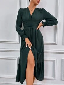 SHEIN Clasi Đầm viền lá sen Xù Viên lá sen Trọn gói Dải chun màu trơn Thanh lịch - Màu xanh lá cây đậm - Xem 4