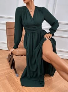 SHEIN Clasi Đầm viền lá sen Xù Viên lá sen Trọn gói Dải chun màu trơn Thanh lịch - Màu xanh lá cây đậm - Xem 6