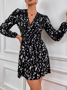 Chiquease 滿版印花燈籠袖連衣裙 - 黑與白 - 查看 5