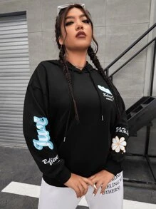 Flirla Plus Floral & Slogan Graphic Drop Shoulder Drawstring Hoodie - Black - View 2