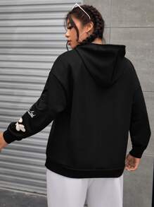 Flirla Plus Floral & Slogan Graphic Drop Shoulder Drawstring Hoodie - Black - View 3