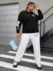 Flirla Plus Floral & Slogan Graphic Drop Shoulder Drawstring Hoodie - Black - View 4