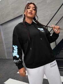 Flirla Plus Floral & Slogan Graphic Drop Shoulder Drawstring Hoodie - Black - View 5