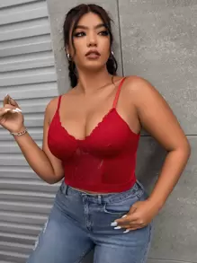 SHEIN SXY Plus Contrast Lace Bustier Cami Top - Burgundy - View 3