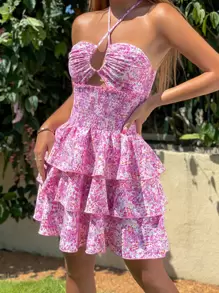 Breezaya 碎花打褶露背交叉雙層下擺掛脖洋裝 - 玫紅色 - 查看 6