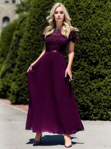 MIUSOL Puff Sleeve Maxi Chiffon Lace Formal Dress - Maroon - View 5