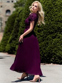 MIUSOL Puff Sleeve Maxi Chiffon Lace Formal Dress - Maroon - View 2