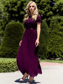 MIUSOL Puff Sleeve Maxi Chiffon Lace Formal Dress - Maroon - View 8