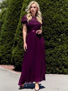MIUSOL Puff Sleeve Maxi Chiffon Lace Formal Dress - Maroon - View 4