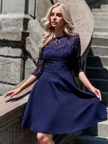 MIUSOL Elegant Solid Floral Lace Scallop Trim Prom Party Swing Dress - Navy Blue - View 7