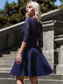 MIUSOL Elegant Solid Floral Lace Scallop Trim Prom Party Swing Dress - Navy Blue - View 3