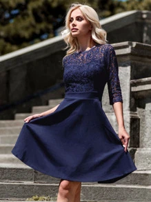 MIUSOL Elegant Solid Floral Lace Scallop Trim Prom Party Swing Dress - Navy Blue - View 5