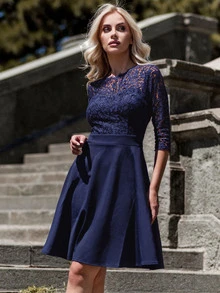 MIUSOL Elegant Solid Floral Lace Scallop Trim Prom Party Swing Dress - Navy Blue - View 6
