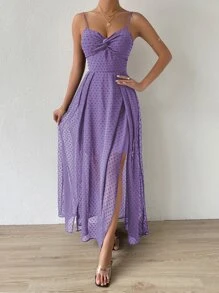 SHEIN Belle Swiss Dot Twist Front Tie Backless Wrap Cami Dress - Purple - View 1