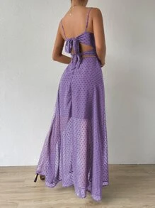 SHEIN Belle Swiss Dot Twist Front Tie Backless Wrap Cami Dress - Purple - View 2