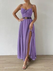 SHEIN Belle Swiss Dot Twist Front Tie Backless Wrap Cami Dress - Purple - View 3