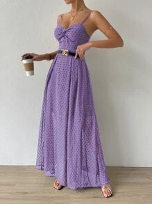 SHEIN Belle Swiss Dot Twist Front Tie Backless Wrap Cami Dress - Purple - View 5