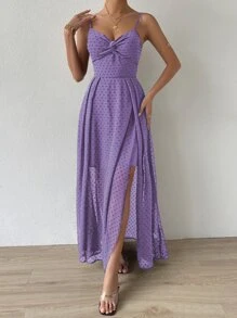 SHEIN Belle Swiss Dot Twist Front Tie Backless Wrap Cami Dress - Purple - View 6