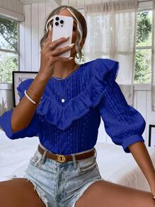 SHEIN VCAY Blusa ribete con fruncido con bordado con ojal - Azul - Ver 3