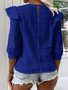 SHEIN VCAY Blusa ribete con fruncido con bordado con ojal - Azul - Ver 2