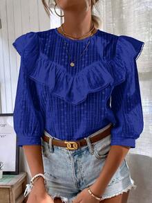 SHEIN VCAY Blusa ribete con fruncido con bordado con ojal - Azul - Ver 4