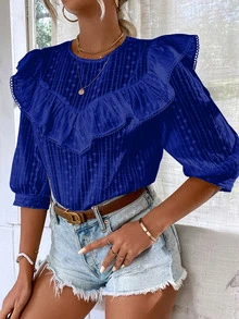 SHEIN VCAY Blusa ribete con fruncido con bordado con ojal - Azul - Ver 5