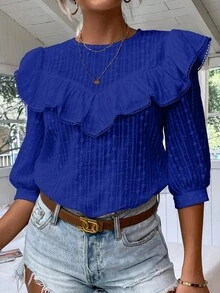 SHEIN VCAY Blusa ribete con fruncido con bordado con ojal - Azul - Ver 6