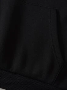 INAWLY 纯色袋鼠口袋保暖内衬抽绳连帽衫，长袖上衣 - 黑色 - 查看 6