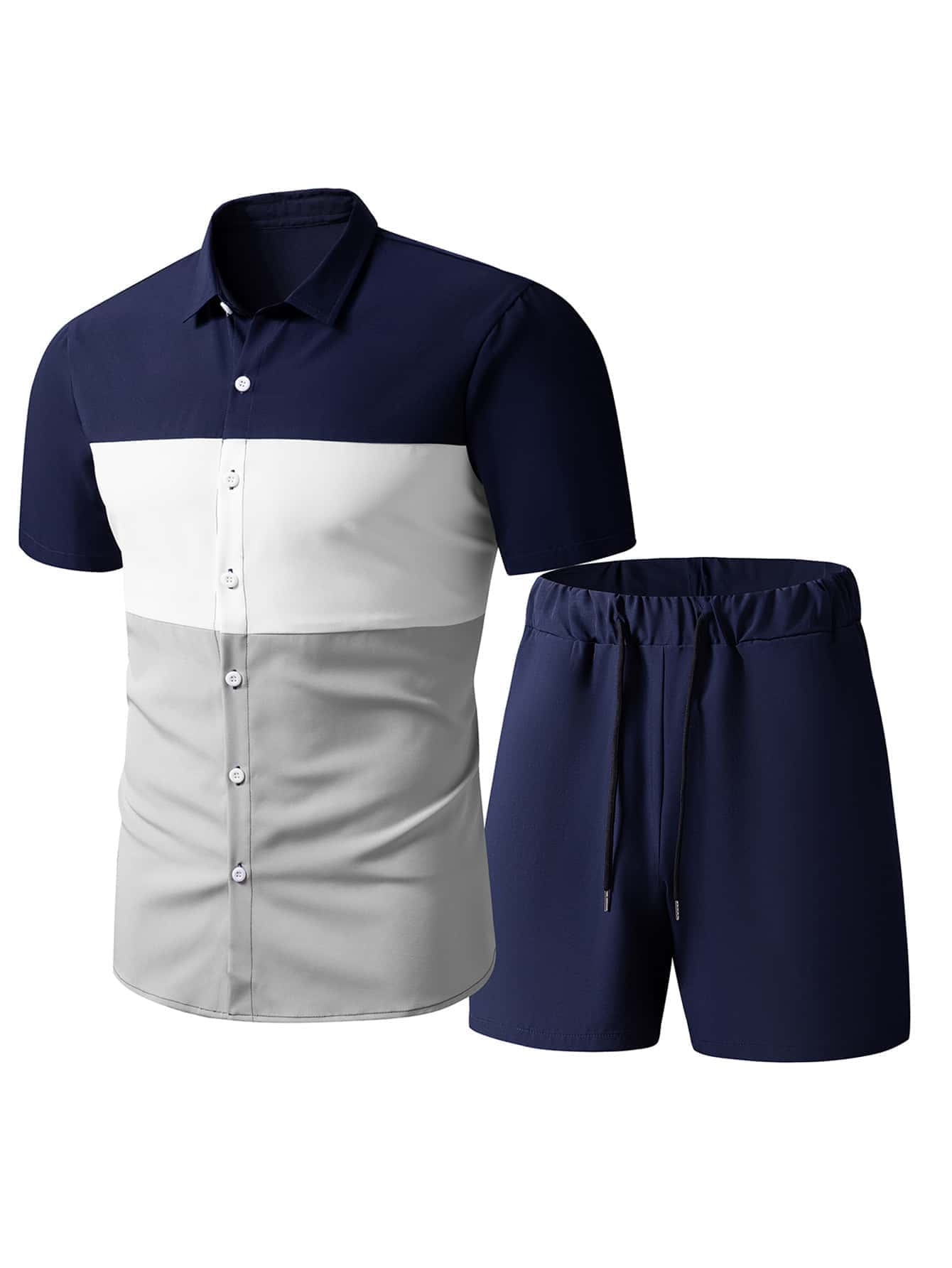 Manfinity Homme 男士撞色襯衫和腰部抽繩短褲 - 彩色 - 查看 1