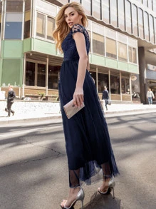 MIUSOL Plant Embroidery Mesh Overlay Floor Length Dress - Navy Blue - View 2