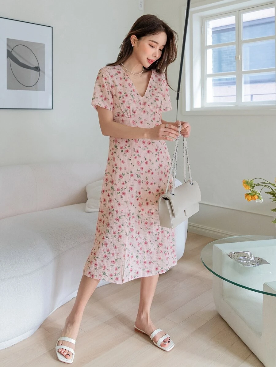 DAZY Vestido con estampado floral pecho con fruncido - Rosa Pálido - Ver 1