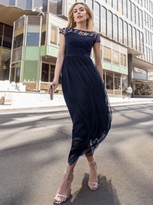 MIUSOL Plant Embroidery Mesh Overlay Floor Length Dress - Navy Blue - View 4