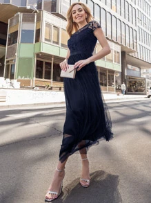 MIUSOL Plant Embroidery Mesh Overlay Floor Length Dress - Navy Blue - View 5