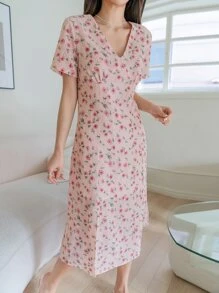 DAZY Vestido con estampado floral pecho con fruncido - Rosa Pálido - Ver 4