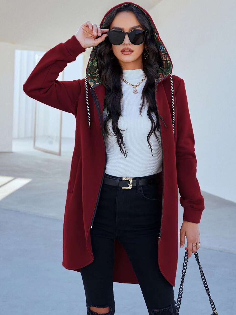 Mulvari Burgundy Red Zip Up Asymmetrical Hem Hoodie - Burgundy - View 1