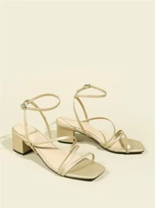 Chunky Heeled Ankle Strap Sandals - Gold - View 2