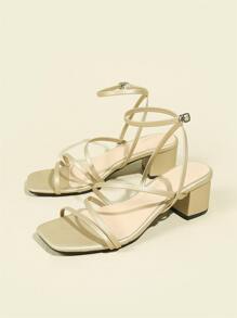 Chunky Heeled Ankle Strap Sandals - Gold - View 4