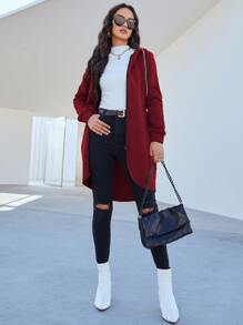 Mulvari Burgundy Red Zip Up Asymmetrical Hem Hoodie - Burgundy - View 3