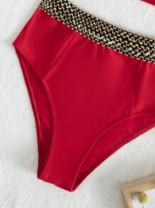 SHEIN Swim Summer Beach Solid Stitch Detail Push Up High Waisted Bikini - Red - View 4