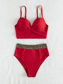 SHEIN Swim Summer Beach Solid Stitch Detail Push Up High Waisted Bikini - Red - View 5