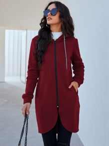 Mulvari Burgundy Red Zip Up Asymmetrical Hem Hoodie - Burgundy - View 6