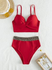 SHEIN Swim Summer Beach Solid Stitch Detail Push Up High Waisted Bikini - Red - View 6