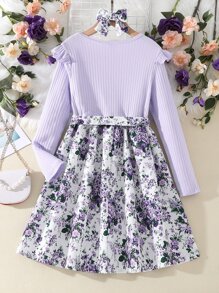 Girls Floral Print Ruffle Trim Belted Dress With Bow - Multicolor - View 2