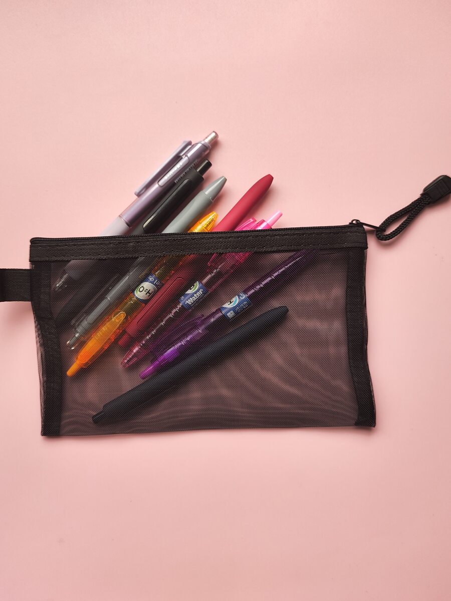 1pc Plain Mesh Pencil Case - Black - View 1