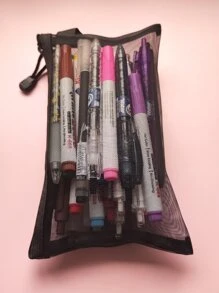 1pc Plain Mesh Pencil Case - Black - View 2