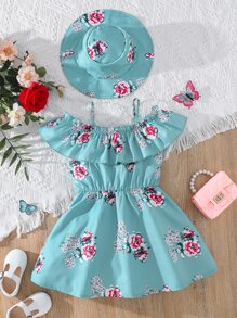 SHEIN Toddler Girls Floral Print Cold Shoulder Ruffle Trim Dress With Hat - Mint Green - View 1