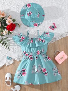 SHEIN Toddler Girls Floral Print Cold Shoulder Ruffle Trim Dress With Hat - Mint Green - View 2