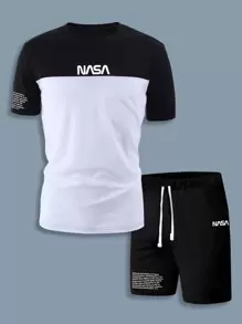 Manfinity Homme Camiseta de manga corta con gráfico eslogan de bloques de color y shorts con cordón en la cintura, regalo informal para novio - Blanco y Negro - Ver 1