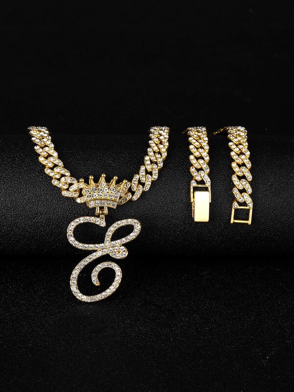 Men Rhinestone Crown Decor Letter Charm Necklace SHEIN USA